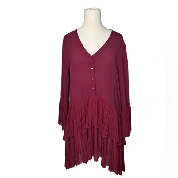 Zara Tiered Pleated Chiffon Burgundy Tunic/Drees Size Small - Picture 5 of 5